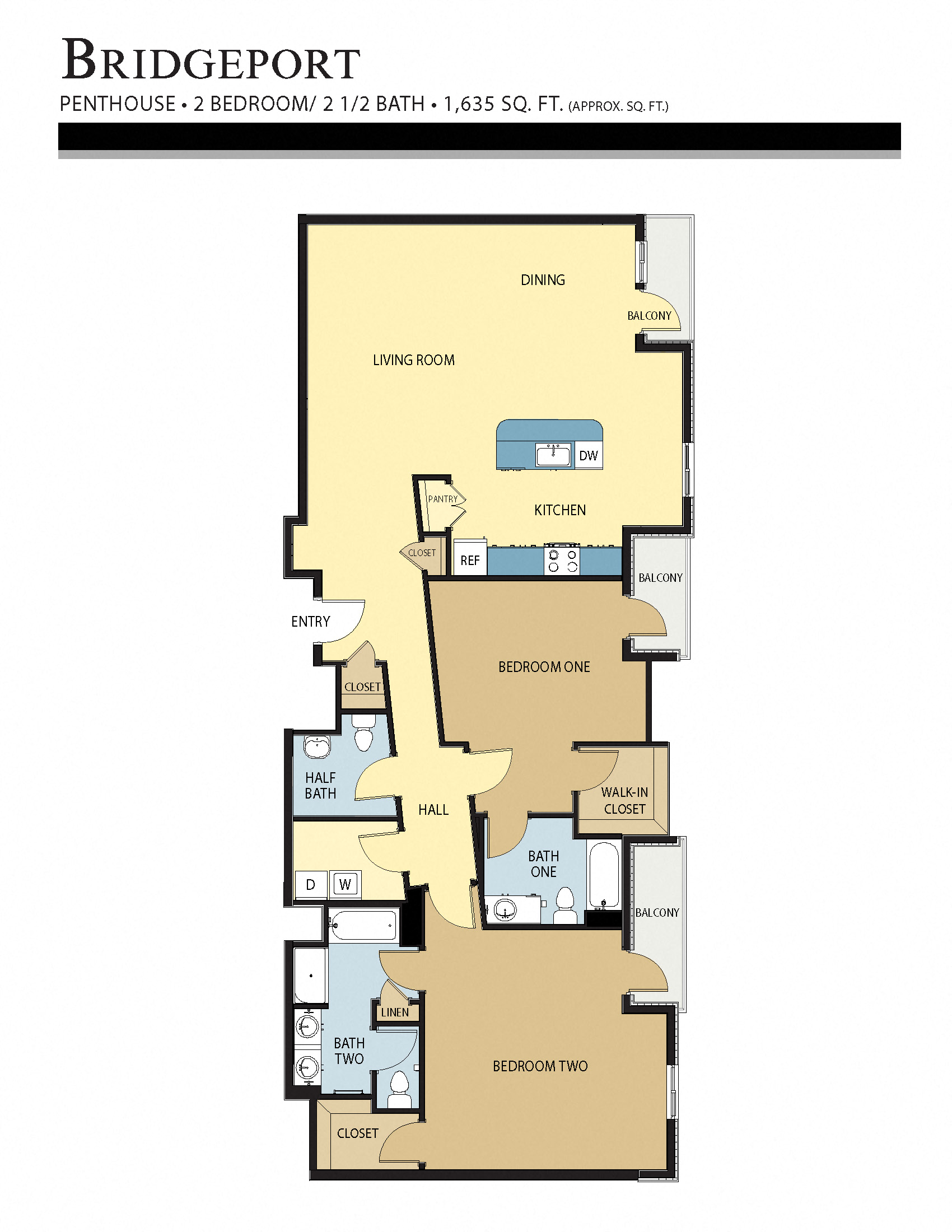 Floor plan for 2 beds, 2.5 baths, 1635 sqft